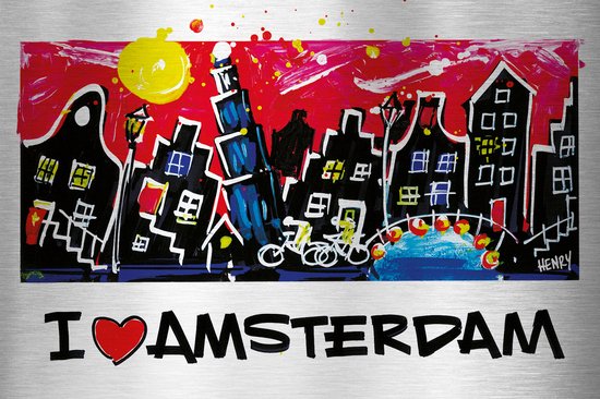 I LOVE AMSTERDAM - uniek sign painted kunstwerk op geborsteld aluminium 60 x 40 cm