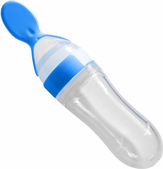 Babyflesje - SY Goods - Knijpfles met lepel - Antiknoei lepel – Siliconen Babyfles – Babybestek – Doseerfles - Voedingslepel - Babylepel – Fruithapjes – Babyhapjes – Fruitpuree – Groentepuree - BPA vrij – 90 ml - Blauw