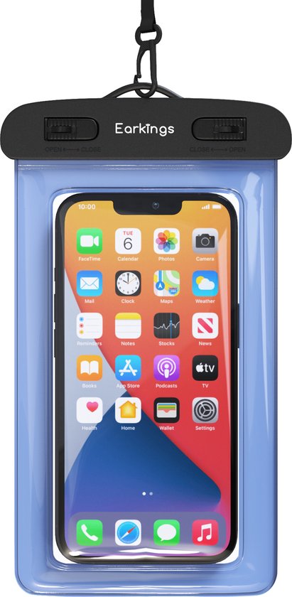 Een lichtblauw EarKings telefoonhoesje met een smartphone met apps erop.
