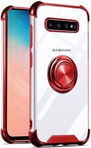 Hoesje Geschikt Voor Samsung Galaxy S10 Plus hoesje silicone met ringhouder Back Cover Case - Transparant/Rood