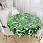 Rond Tafelkleed Ø140cm - De Groen Home - Bedrukt Velvet Textiel - Palmbladeren op vierkant - Tafelkleed