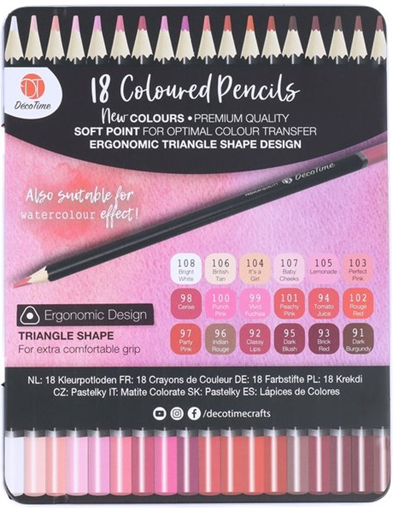 18 Premium kleurpotloden in blik Decotime - Soft point - Da Vinci - Rood - Roze Tinten | bol.com