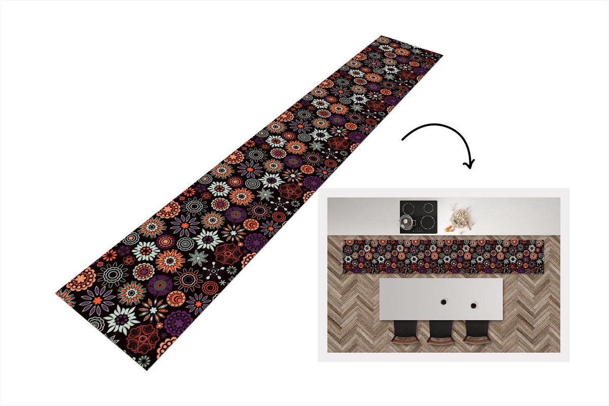 KitchenYeah Keukenloper - Keukenmat - Retro - Bloemen - Regenboog - Boho - Patronen - 360x60 cm - Keuken vloerkleed Multicolor