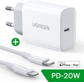 UGREEN Snellader 20W PD + USB-C naar Lightning Kabel - Geschikt voor Apple iPhone 14 of USB-C kabels - MFi 3A 1M Wit