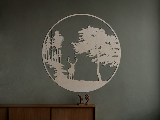 HOUTEN WANDDECORATIE / WOODEN WALL DECORATION - MUURDECORATIE / WALL ART - HERT IN BOS / DEER IN FOREST - 45 x 45cm - LICHT HOUT / NATURAL WOOD - WANDFIGUUR - ECHT HOUT - REAL WOOD - NATUUR - WILD - ARDENNEN