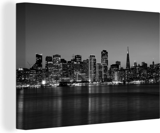 Canvas Schilderij De skyline van San Francisco bij nacht - zwart wit - 60x40 cm - Wanddecoratie