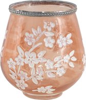 Clayre & Eef Glazen Theelichthouder Ø 13*14 cm Wit, Roze Glas, Metaal Rond Bloemen Waxinelichthouder Windlichthouder