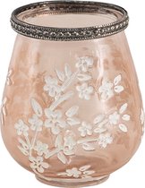 Clayre & Eef Glazen Theelichthouder Ø 9*11 cm Wit, Roze Glas, Metaal Rond Bloemen Waxinelichthouder Windlichthouder