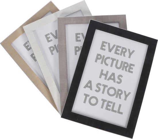 Vijf fotolijsten met textuur in verschillende kleuren: beige, crème, lichtgrijs, grijs en zwart. De voorste lijst heeft tekst.