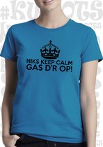 NIKS KEEP CALM GAS D'R OP! dames shirt - Azuur blauw met zwart - Maat M - korte mouwen - leuke shirtjes - grappig - humor - quotes - kwoots