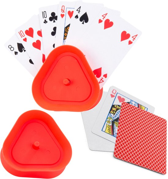 Thumbnail van een extra afbeelding van het spel 2x Speelkaartenhouders - inclusief 54 speelkaarten rood geruit - kunststof - 8,6 x 8,6 x 2,6 cm - Kaarthouders