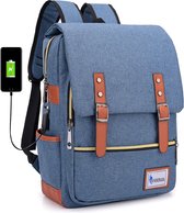 Faseras Rugzak - Schooltas - Laptoptas - Rugtas - Anti Diefstal Rugzak - t/m 15.6 Inch - Waterafstotend - Vintage Look - Met USB Aansluiting - Blauw - 20L