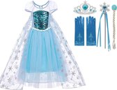 Prinsessenjurk meisje - Frozen jurk - Elsa -  Prinsessen Verkleedkleding - maat 122/128(130) - Blauw - Handschoenen - Elsa Vlecht - Toverstaf - Tiara