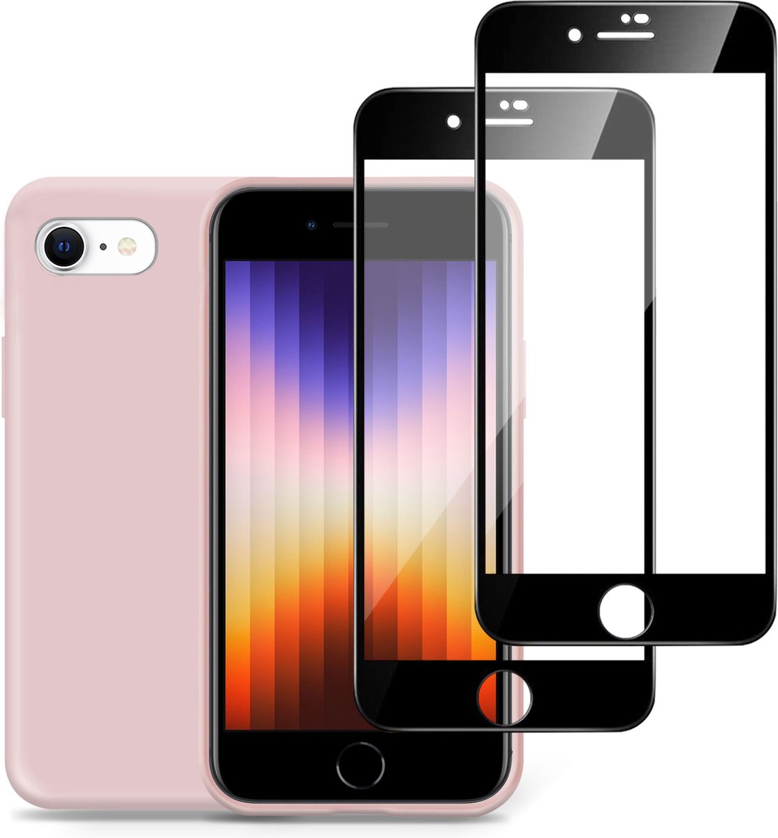 Hoesje geschikt voor iPhone SE 2022 + 2x Screenprotector – Full Screen Tempered Glass - Liquid Back Case Cover Rose