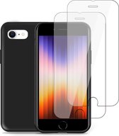 Hoesje geschikt voor iPhone SE 2022 + 2x Screenprotector – Tempered Glass - Liquid Back Case Cover Zwart