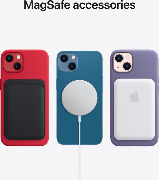 Rode, blauwe en paarse iPhone hoesjes met MagSafe accessoires: portemonnee, oplader, batterij.