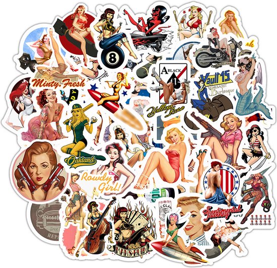 50 Vintage Pin up girls stickers - Sexy & Stoere dames in Amerikaanse retro stijl - Bomb girls 4-6CM - Merkloos