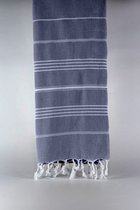 uit Turkije By Aquatolia Hamamdoek Kadyanda met Witte Strepen - 100% Zacht Katoen - Strandlaken - Handdoek - Donkerblauw - 100cm x 180cm - Originele hamamdoek uit Turkije