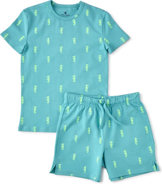 Little Label Pyjama Jongens Maat 86 - blauw, aqua - Zachte BIO Katoen - Shortama - 2-delige zomer pyama jongens - Dierenprint