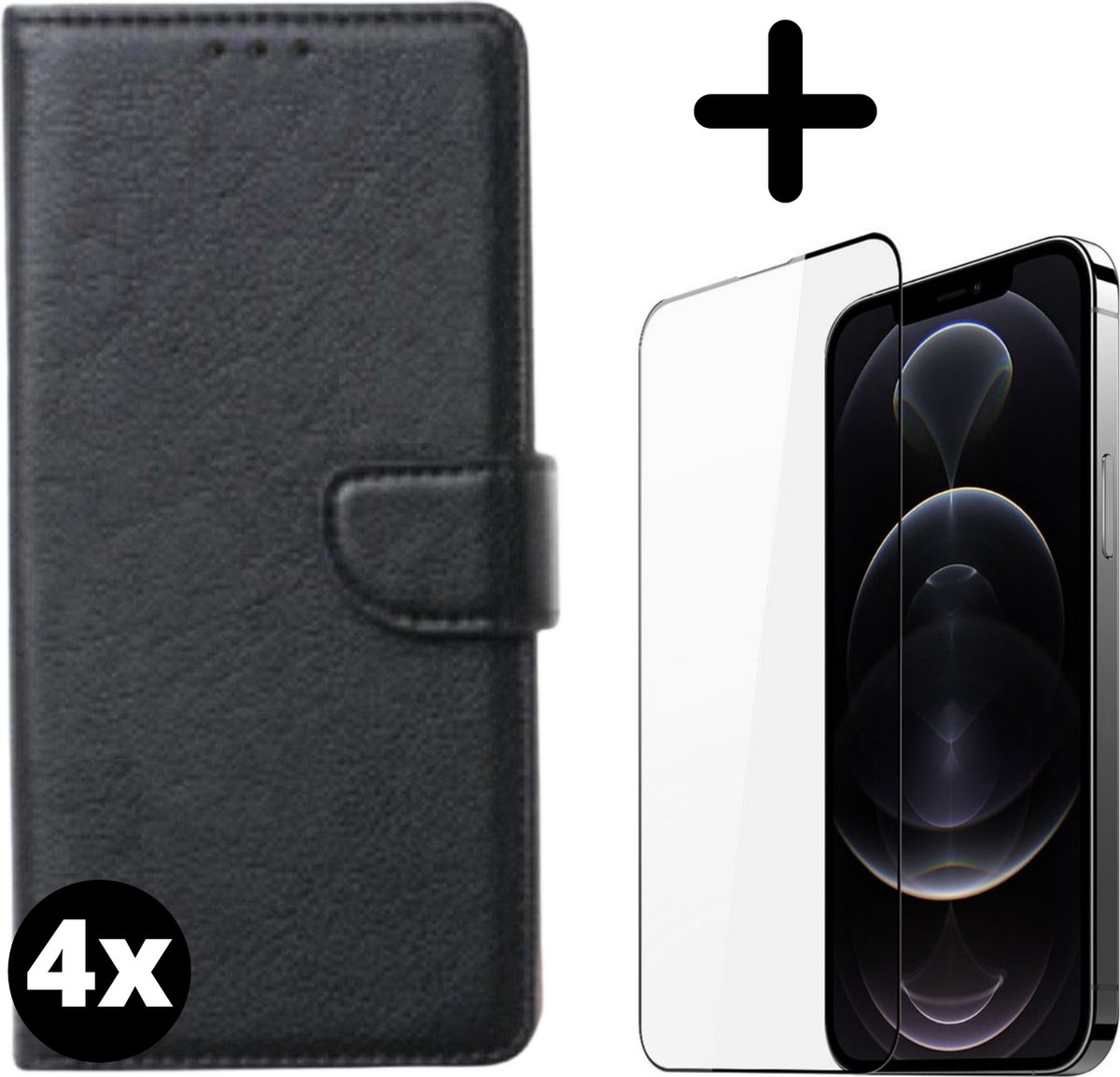 Fooniq Boek Hoesje Zwart 4x + Screenprotector 4x - Geschikt Voor Apple iPhone 12 Pro Max