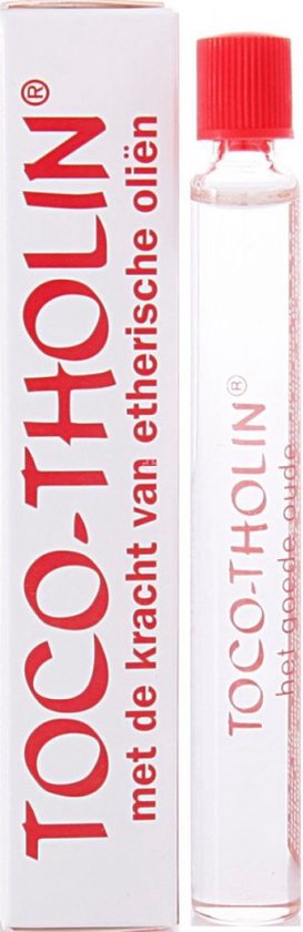Rechtopstaand doosje TOCO-THOLIN naast de zilverkleurige applicator met rode dop. Tekst 'met de kracht van etherische oliën'.