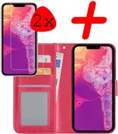 iPhone 13 Pro Hoesje Bookcase 2x Screenprotector - iPhone 13 Pro Case Hoes Cover - iPhone 13 Pro Screenprotector 2x - Donker roze