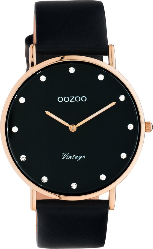 OOZOO Vintage series - rosé goudkleurige horloge met zwarte leren band - C20249 - Ø40