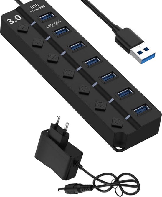 Hub USB 3.0 avec alimentation externe - 7 ports - 5Gbps - interrupteur  on/off - noir | bol.com