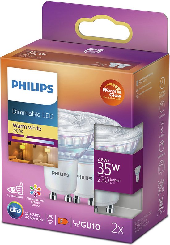 Politie Tweede leerjaar Acht Philips energiezuinige LED Spot - 35 W - GU10 - Dimbaar warmwit licht - 2  stuks -... | bol.com