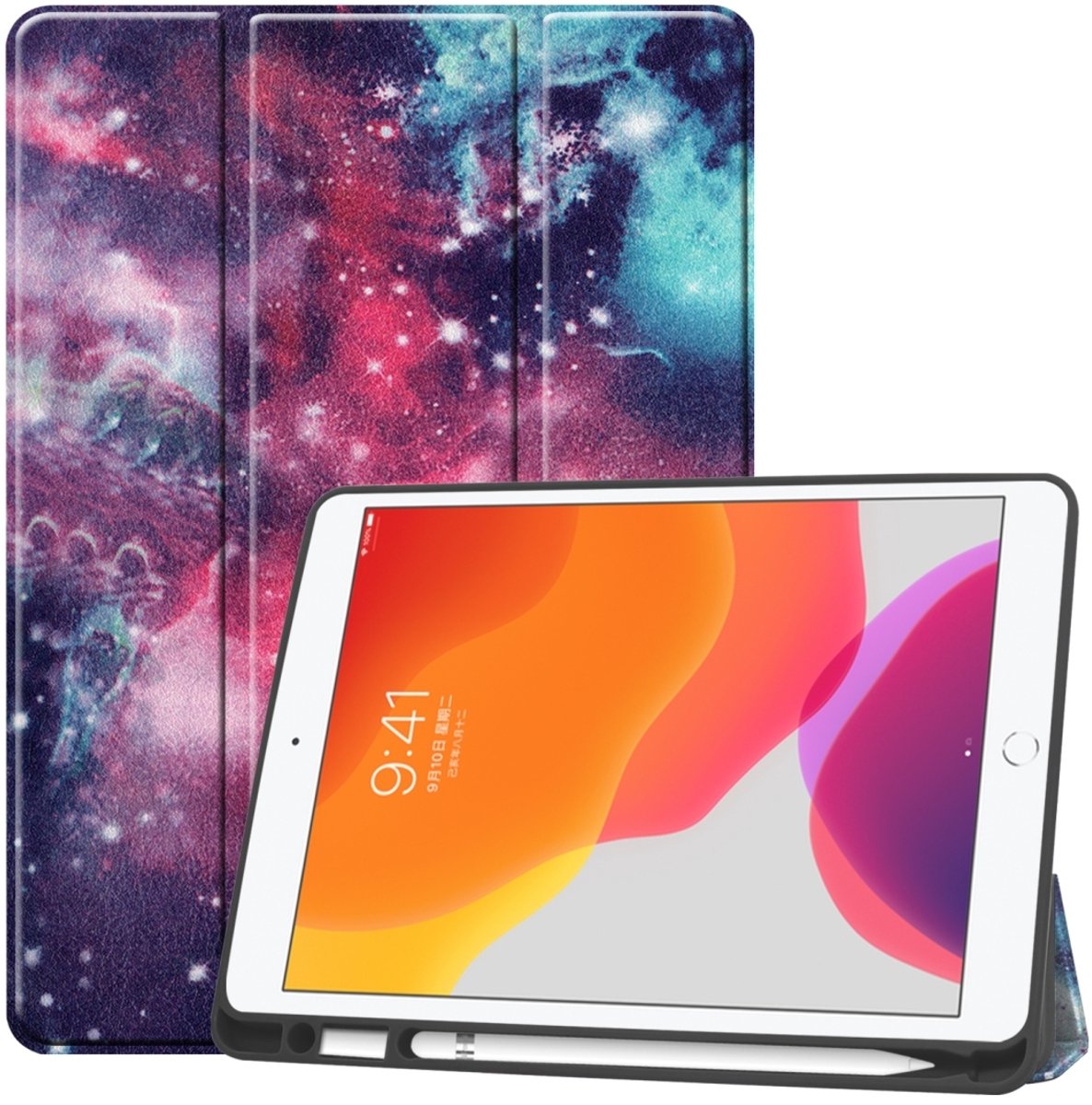Mobigear Tablethoes geschikt voor Apple iPad 9 (2021) Hoes | Mobigear Tri-Fold Gel Bookcase + Stylus Houder - Heelal