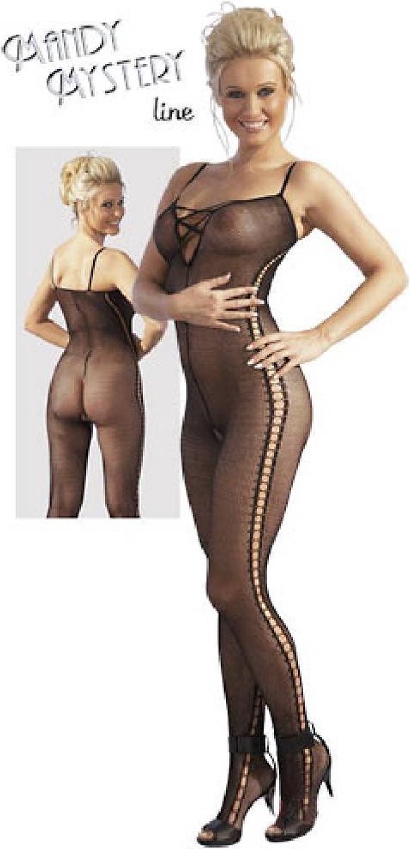 Mandy Mystery Lingerie – Catsuit met Veter Ontwerp Licht transparant en Open Kruis – Maat S/M - Zwart