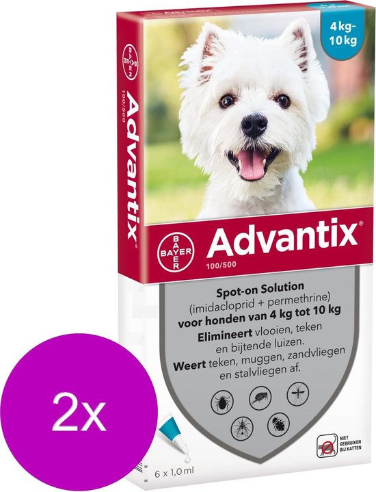 bol.com | Advantix Spot On 100 1 ml - Anti vlooien en tekenmiddel - 2 x 6  pip 4-10kg