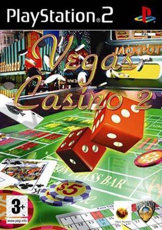 PlayStation 2 spelhoes voor Vegas Casino 2, met dobbelstenen, speelkaarten en casinotafels.