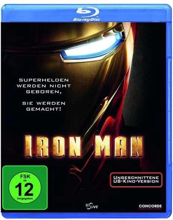Blu-ray hoes van Iron Man. Gouden en rode helm met blauw licht. Tekst: 'SUPERHELDEN WERDEN NIET GEBOREN, SIE WERDEN GEMACHT!' en 'IRON MAN'.