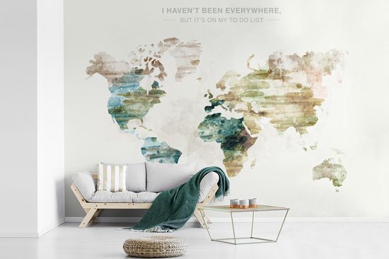 Papier peint photo en vinyle - Carte du monde aux anciennes couleurs pittoresques avec texte largeur 450 cm x hauteur 300 cm - Tirage photo sur papier peint (disponible en 7 tailles)