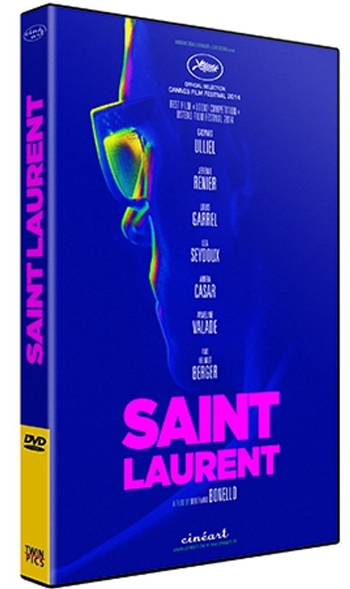 DVD hoes van de film 'Saint Laurent' met de titel in roze letters op een blauwe achtergrond. Vermeldt Cannes Film Festival 2014.