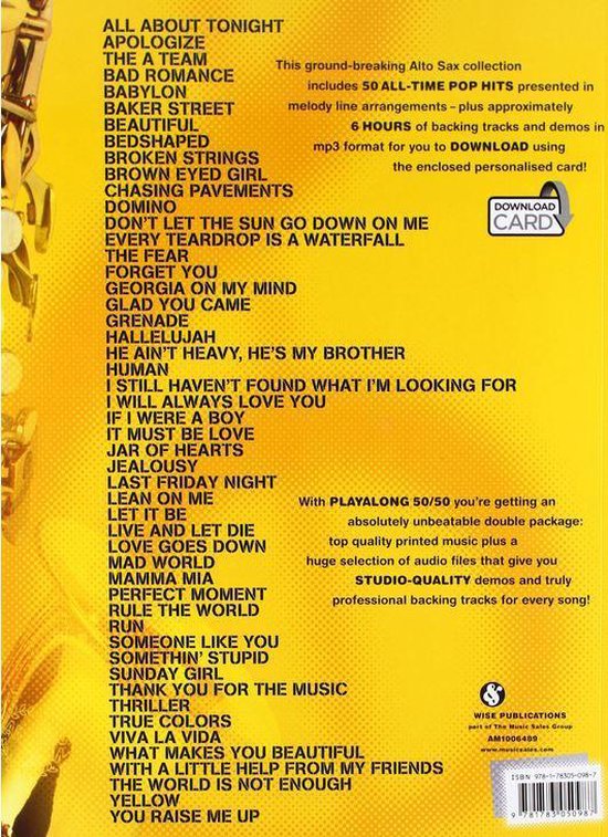 PLAYALONG 50/50 ALTO SAX 50 POP HITS. Een lijst van 50 pophits met een downloadkaart op een gele achtergrond.