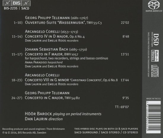 CD-hoes met tracklist voor "Höör Barock - Telemann, Corelli & Bach". Bevat namen van componisten, werken, uitvoerenden en speelduur. Achtergrond is donkergrijs.