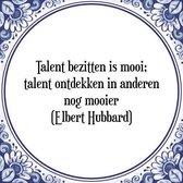 Tegeltje met Spreuk (Tegeltjeswijsheid): Talent bezitten is mooi; talent ontdekken in anderen nog mooier (Elbert Hubbard) + Kado verpakking & Plakhanger