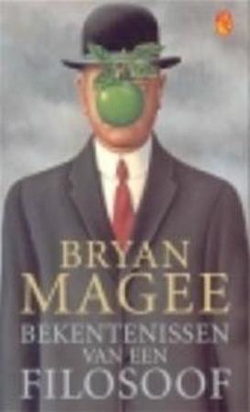 Boekomslag van 'Bekentenissen van een filosoof' van Bryan Magee met een man in pak en hoed, met een groene appel voor zijn gezicht.