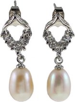 Zoetwater parel oorbellen Bling Pearl Heart W - echte parels - wit - oorknopjes - zilver - stras stenen