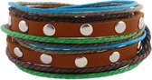 Bruine leren armband uit Tibet met klinknagels en gekleurd touw - in 2 lengtes verstelbaar - 18 en 19 cm
