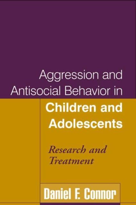 Boek met de titel "Aggression and Antisocial Behavior in Children and Adolescents" op een paarse en gele achtergrond.