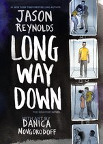 Boekomslag van "Long Way Down" door Jason Reynolds. De titel is in grote witte letters. Rechts kleine illustraties van mensen in liften.
