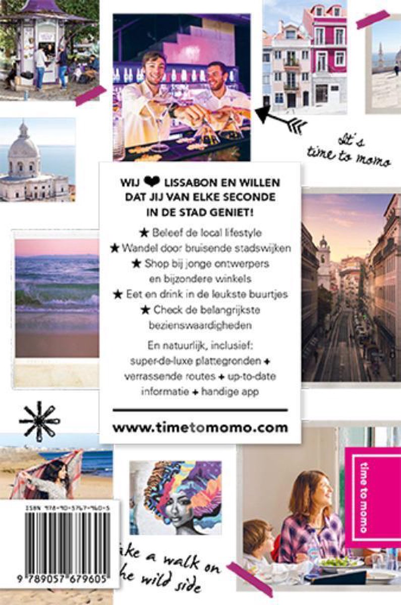 Collage met 'time to momo Lissabon' tekst, attracties en mensen.