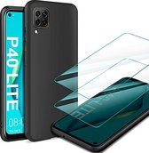 Huawei P40 Lite Hoesje - Soft TPU Siliconen Case & 2X Tempered Glas Combi - Zwart