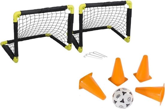 Voetbal set 2x Opvouwbare voetbaldoelen 50 cm - 1x voetbal - 4x pionnen 17,5 cm - Buitenspeelgoed
