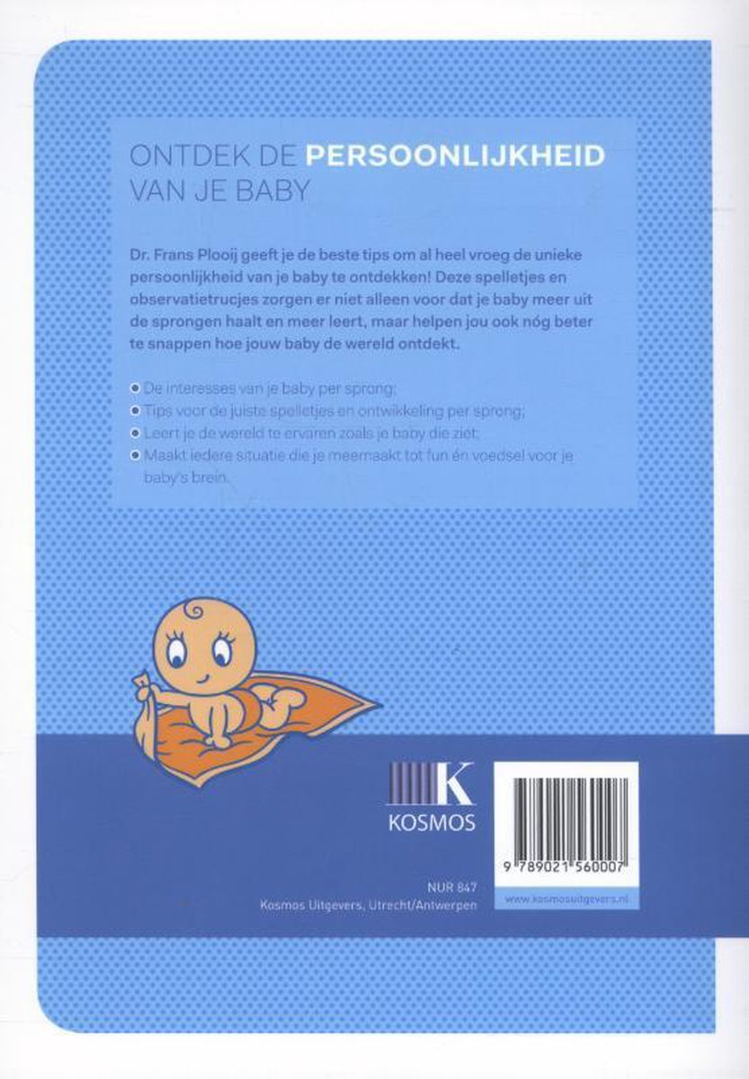 Arrière du livre 'Oei, ik groei!' avec du texte sur la personnalité du bébé et un bébé endormi sur une couverture orange.