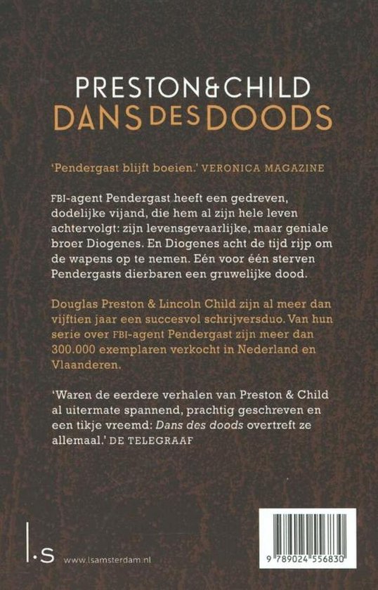 Achterkant van het boek 'Dans des doods' door Preston & Child, met tekst en barcode.