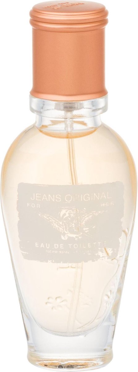 Replay Jeans Original For Her Eau de Toilette, 40 ml, met denim-patroon doos en parfumflesje met gouden dop.